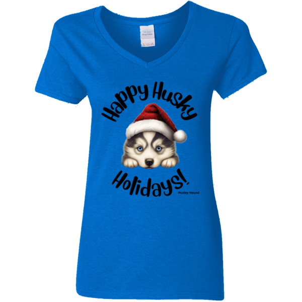 Happy Husky Holidays Women's 100% Cotton V-Neck T-Shirt