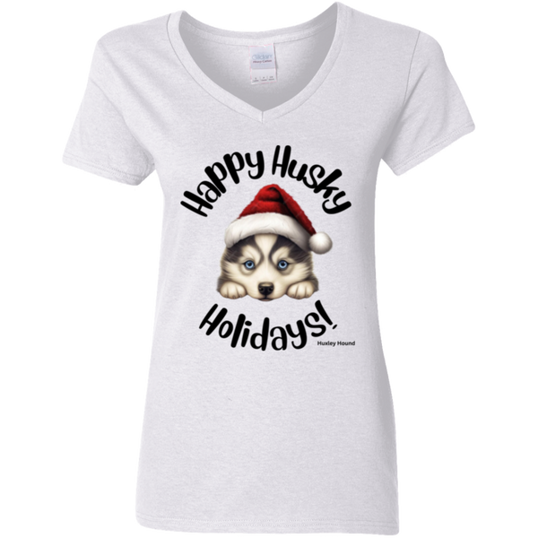 Happy Husky Holidays Women's 100% Cotton V-Neck T-Shirt