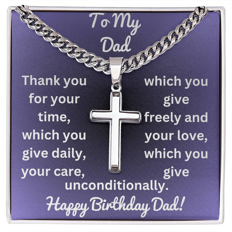 Cuban Chain with Artisan Cross Necklace with Happy Birthday Dad Card