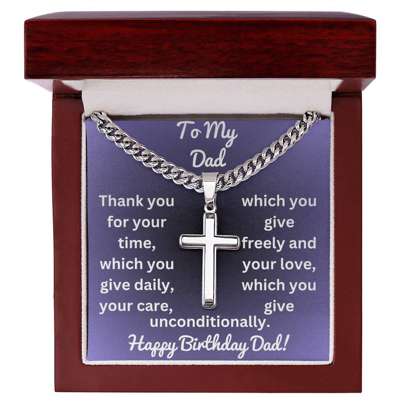 Cuban Chain with Artisan Cross Necklace with Happy Birthday Dad Card